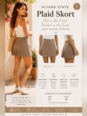 Altard State Plaid Pleated Back Skort S Preppy Academia Y2K